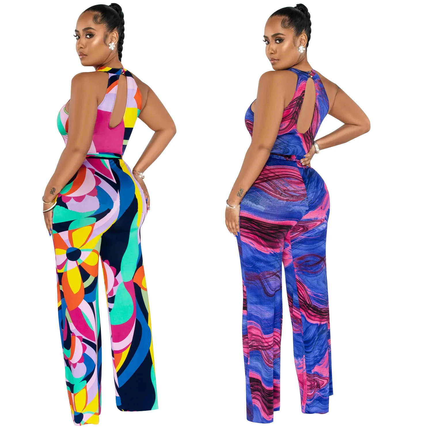 

OS6874 Summer New Women's Sexy Print Svel Belted One-Piece Long Pants Fem Faionable Polyester Fiber mid Waist
