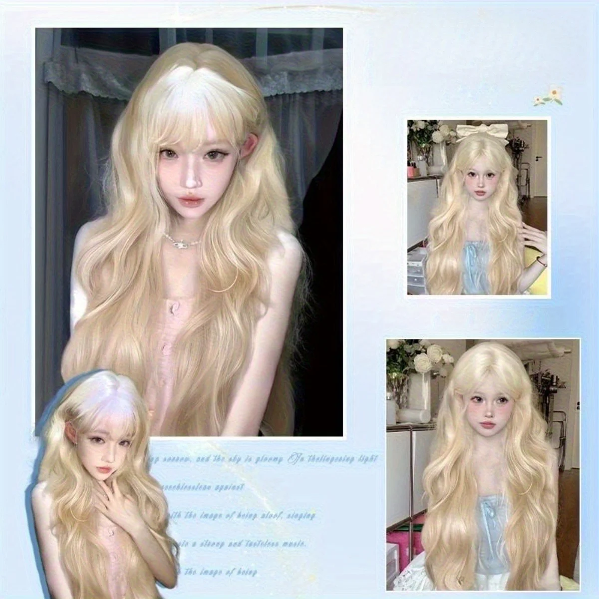 White Gold Synthetic Long Curly Hair Wig for Women with Fluffy Big Wave Bangs High Quality Neat Lolita Cosplay Wig