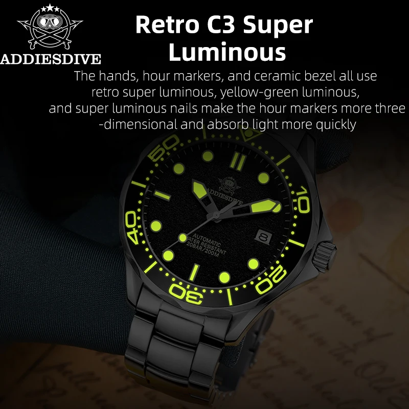 ADDIESDIVE Men Luxury Watch C3 Super Luminous NH35 Sapphire Crystal Reloj Hombre 200m Diving Automatic Mechanical Watches