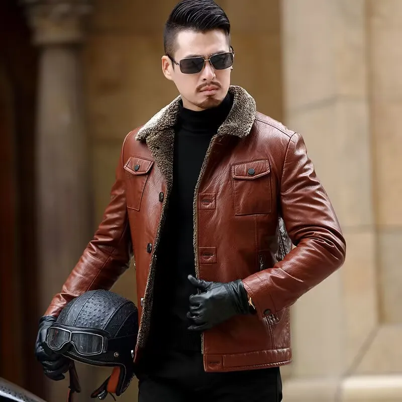 Middle-Aged Men Leather Coat Winter Fleece-Lined Thicken Solid Color Outwear Men Fashion Casual Large Size Lapels Leather Jacket