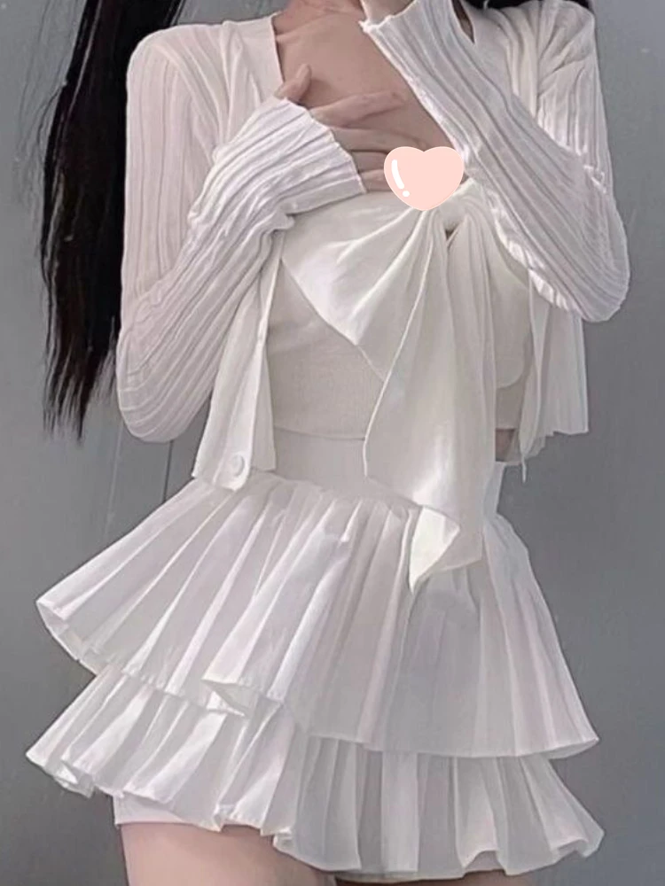 

Женские комплекты для повседневных студентов Kawaii с бантом, камзол, простые удобные дизайнерские юбки, белые куртки, летние повседневные шикарные корейские стили