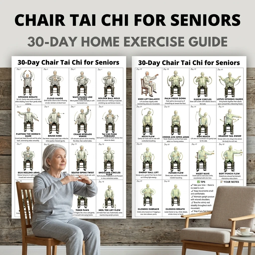 30 Days Tai Chi Exercise Plan for Seniors Home Fitness Poster Clear Illustrations Easy to Read for Elderly Gifts