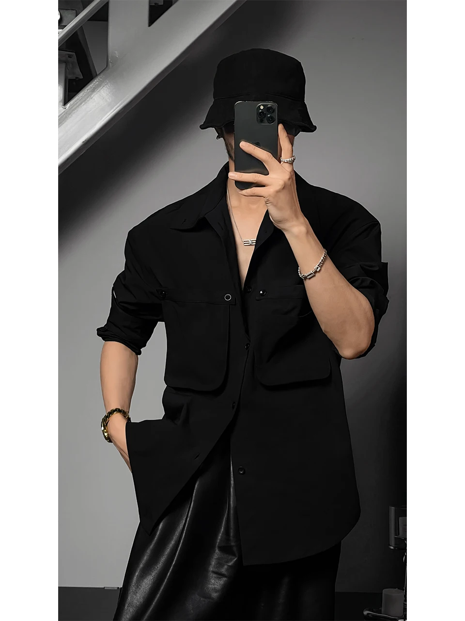 

Loose Long Sleeve Pure Color Trendy Shirt with 3D Pocket Spring New Style Youthful Polyester Fiber Standard Fit Male Fashion