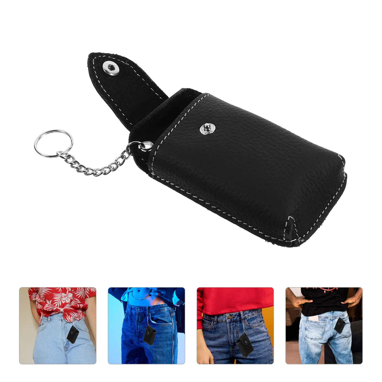 Car Key Bag Wear Belt Mini Key Fob Cover Protector Case for Keys Holder Black Color Durable Functional Storage