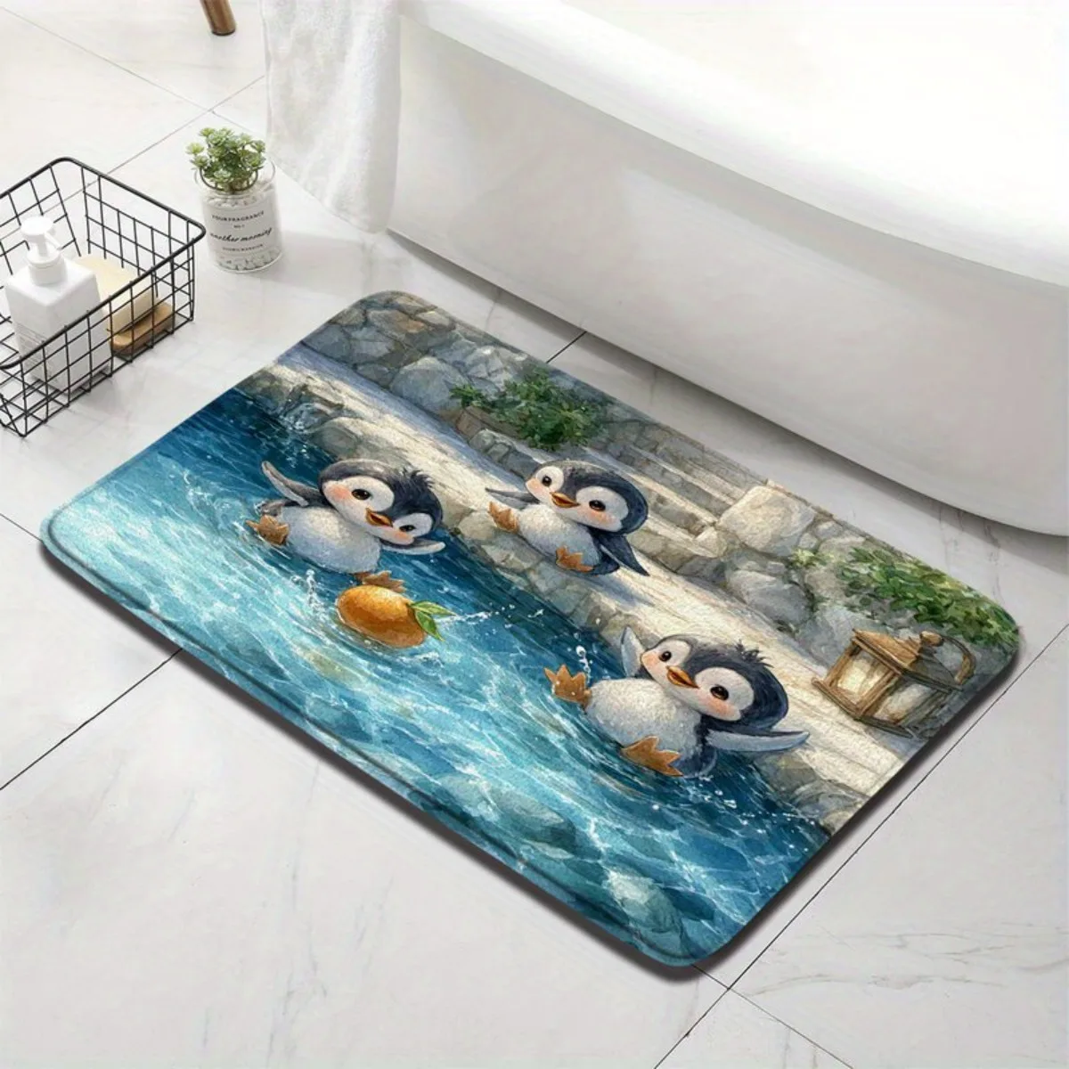 Cute Penguin Bath Rug Non Slip Washable Bathtub Mat, Fading Resistant Durable Base For Bathroom Entrance Kitchen Indoor