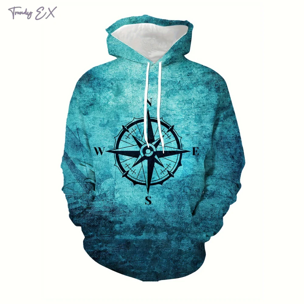 Man Sweatshirts 3D Compass Print Street Tracksuit Comforts Kangaroo Pocket Casual Sports Long Sleeves Graphic Hoodie Clothing