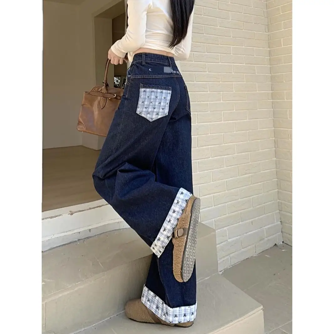 

Ретро американские клетчатые прямые джинсовые брюки, женские осенне-зимние новые свободные узкие широкие брюки High Street