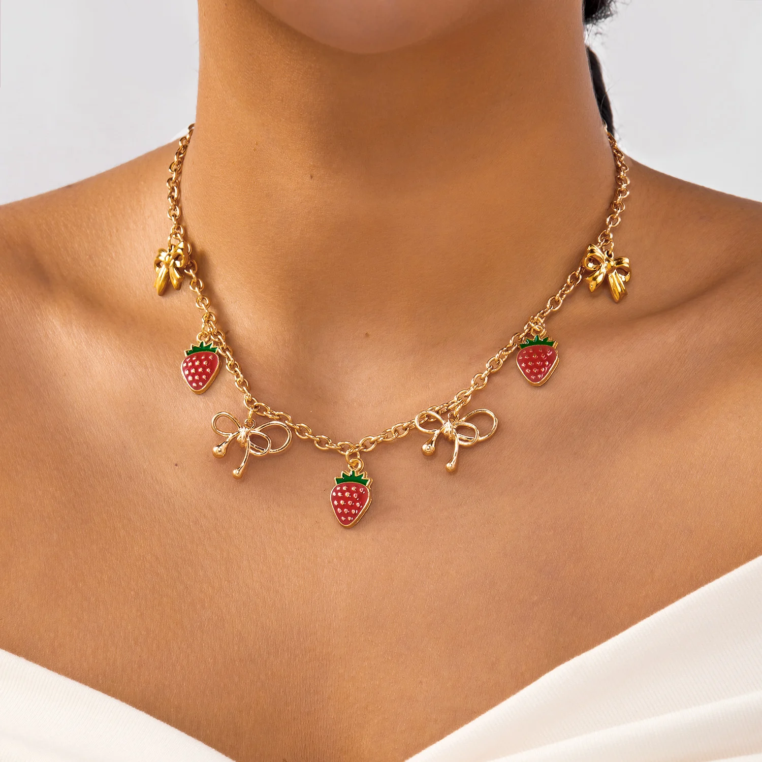 Romantic Red Cherry Heart Charm Necklace for Women Gold Color Sweet Strawberry Fruit Chunky Chain Choker Party Vacation Jewelry view 3