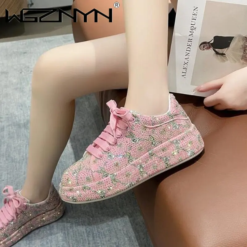 2023 Rhinestones Thick-soled White Pink Shoes New Autumn sexy Women Platform Shoe Shining Crystal Sneakers Trend Casual Sneakers