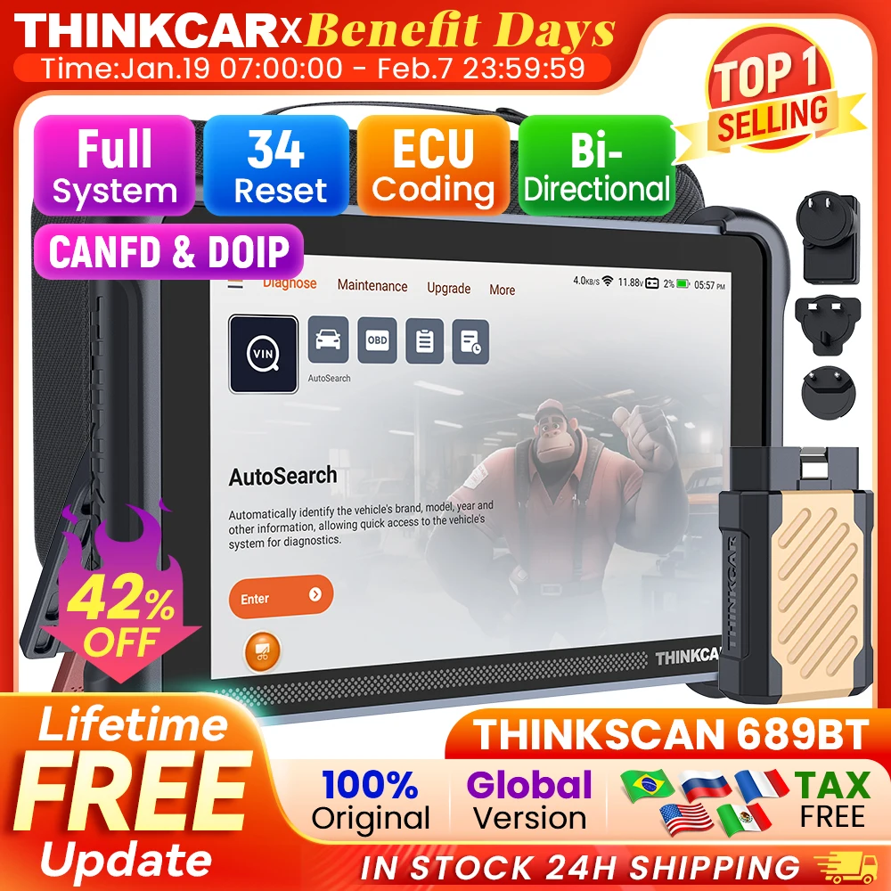 THINKCAR THINKSCAN 689BT CANFD DOIP Bi-directional ECU Coding Professional Car Diagnostic Tool 34 Reset Full System Obd2 Scanner