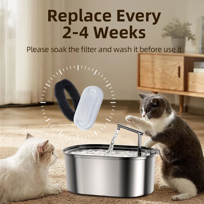 Robeco-filtro de fuente de acero inoxidable para gato, dispensador de agua para mascotas, filtros de carbón activado de repuesto, 3,2 L