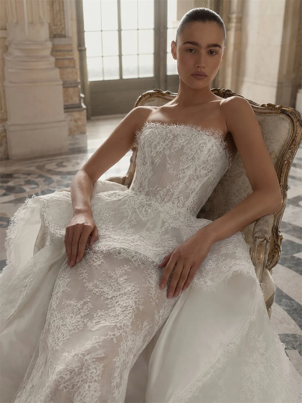 Tokyo Custom Strapless Lace Wedding Dress Ruffled Overlay Mermaid Bridal Gown Sweep Train Formal Evening Wedding Attire