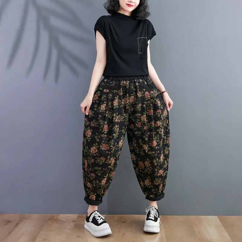 New Arrival 2023 Spring Autumn Arts Style Women Elastic Waist Cotton Denim Harem Pants Vintage Flower Print Loose Jeans P119