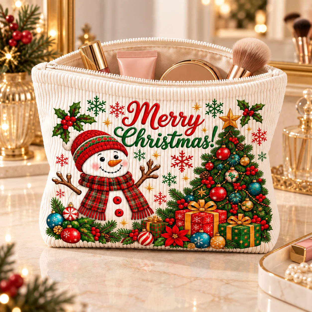 Snowman Tree Print Makeup Bag Corduroy Cosmetic Organizer Large Capacity Toiletry Pouch Portable Zipper Travel Case for Women