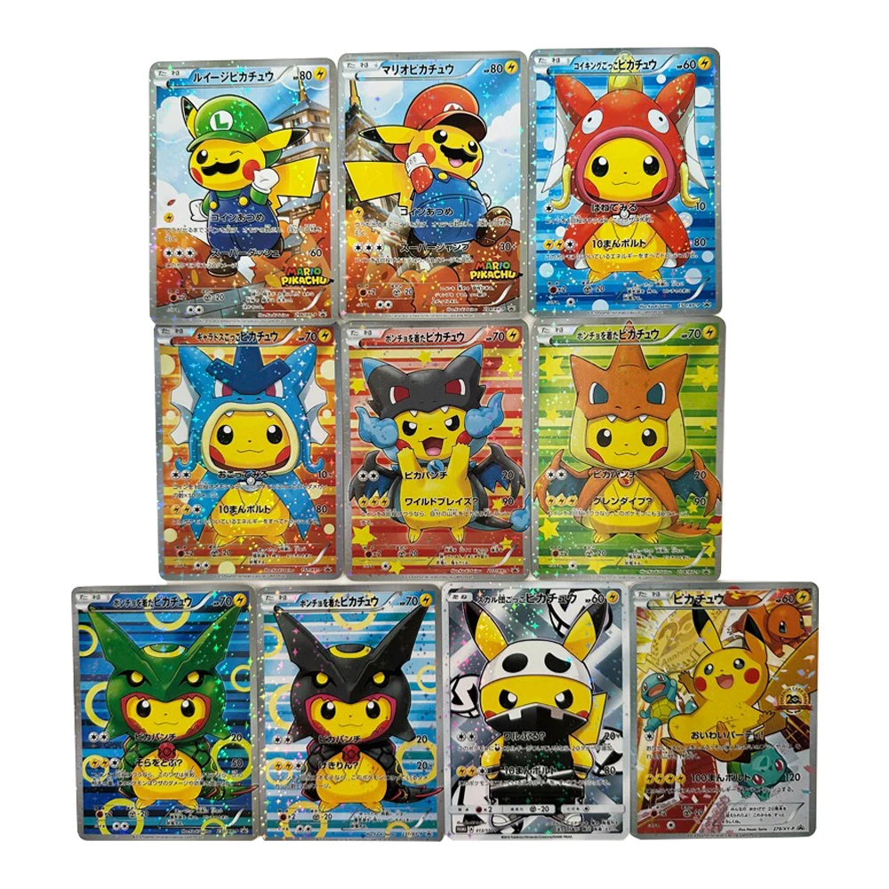 10Pcs/set PTCG Pokemon DIY Pikachu cross-dress Collectibles Card Colorful Gauze Glitter Game Collection Anime Collection Card