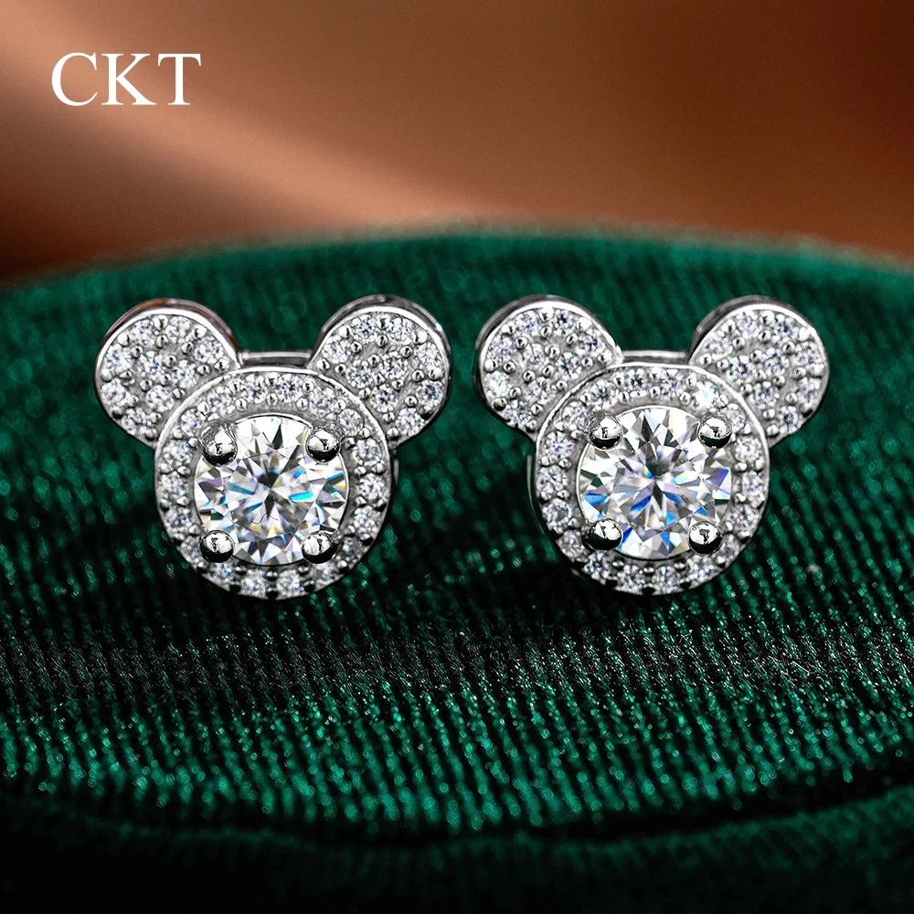 CKT 18k White Gold Women's New Classic Cute 0.5ct Mickey Moissanite Stud Earrings Fashionable Platinum Pt950 Earrings Jewelry