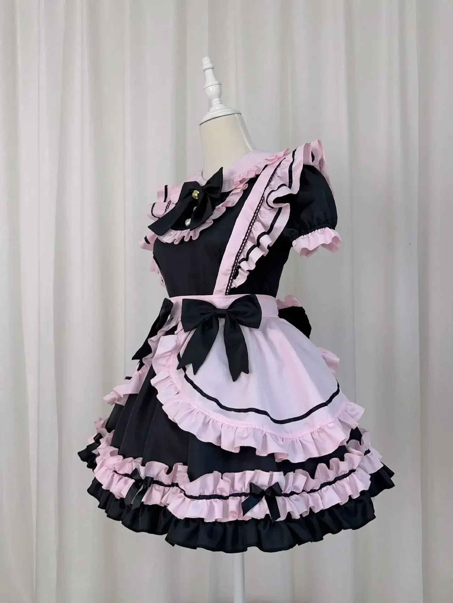 Anime Gothic Lolita JSK Abito manica corta Kawaii Bow Cameriera Abiti da festa Cosplay Gatti Ragazza Harajuku Carino Rosa Ruffles Nero