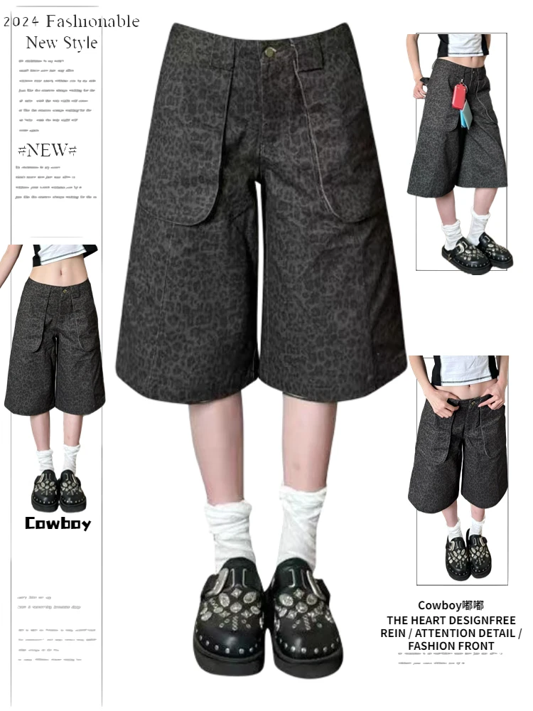 

Summer Women American Retro Jorts Leopard Print Denim Shorts 2000s Jean Pants Y2K Streetwear Japanese Harajuku Cyber Punk Grunge