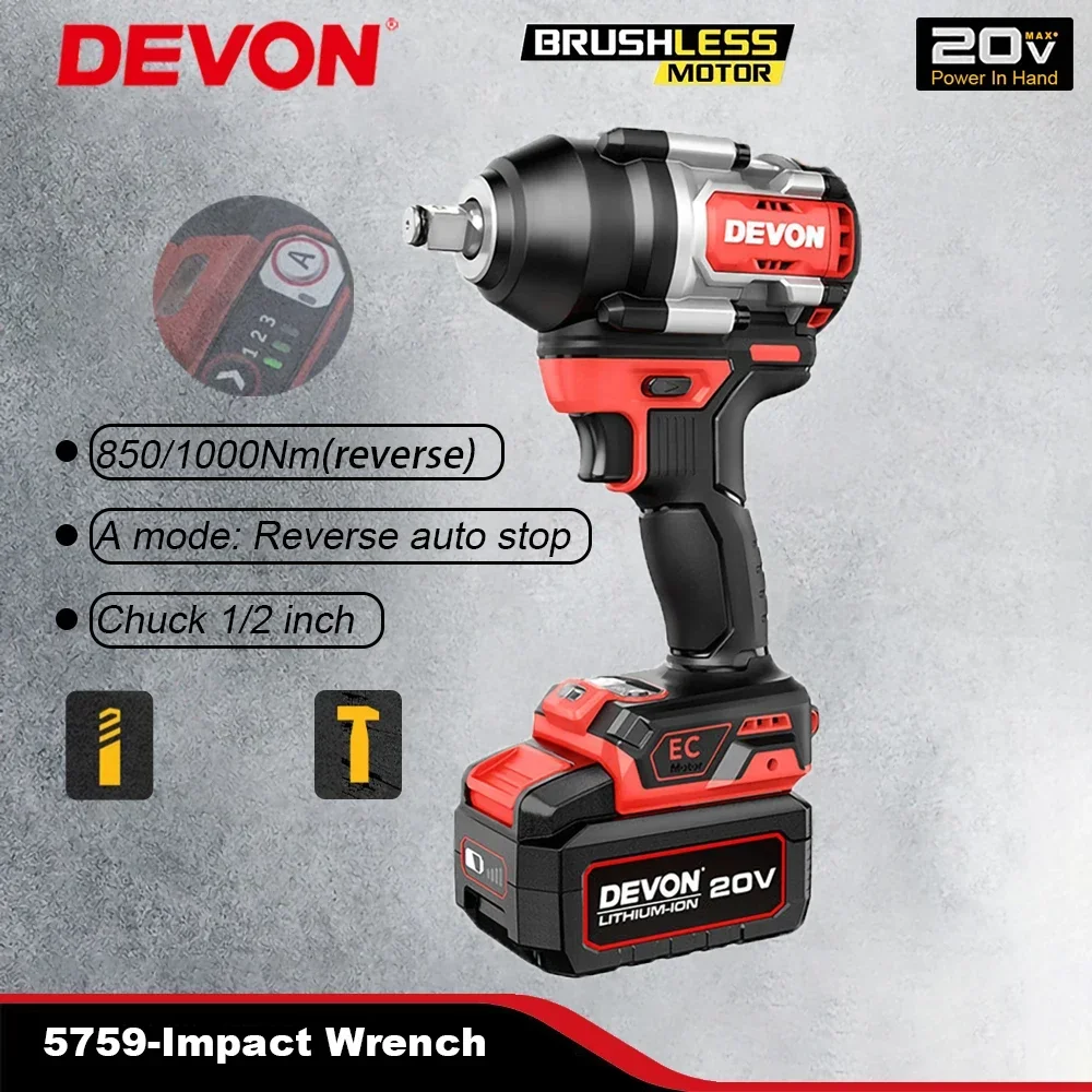 

Devon Heavy Duty 5759 Cordless Impact Wrench Brushless 20v 850Nm Torque Adjustable 2400rpm 2700ipm Auto Stop Share Flex Battery