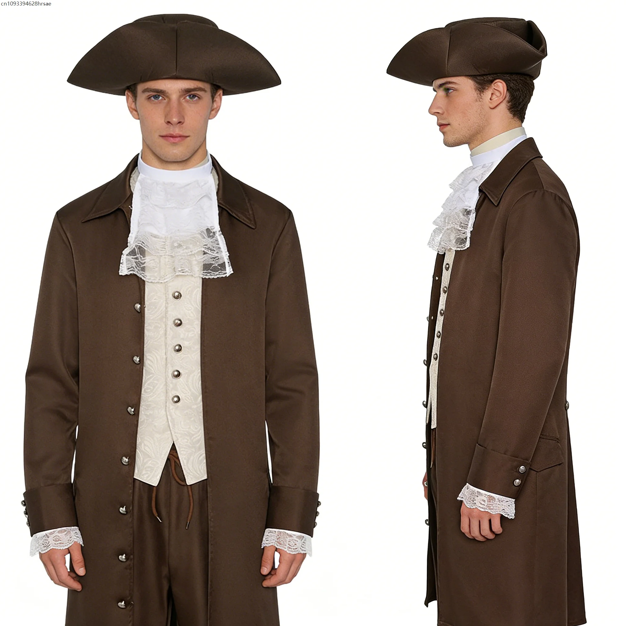 

Men Medieval Victorian Pirate Costume Colonial Period President Washington Cosplay Vintage Brown Long Trench Coat Suit