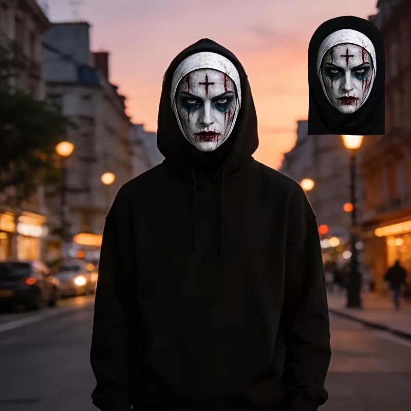 Scary Nun Pattern Printed Headgear, Suitable for Halloween, Horror Themed Parties, Outdoor Cycling and Prank Dress-up Props.