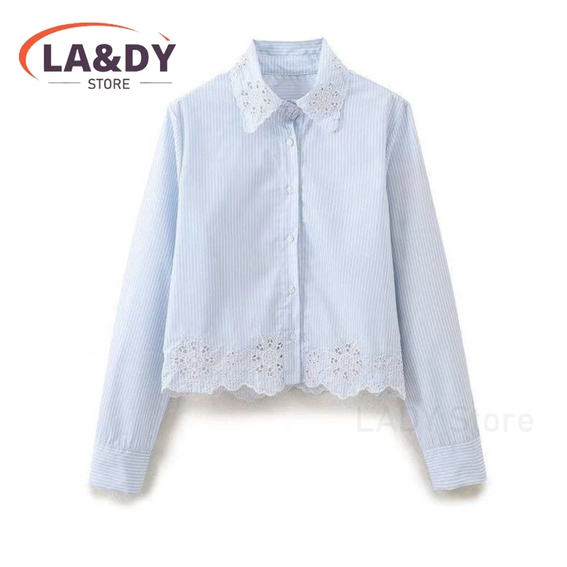 Shirt Women 2024 Spring Summer Fashion Button Hollow Out Embroidery Female Solid Color Casual Long Sleeve Blouse Top