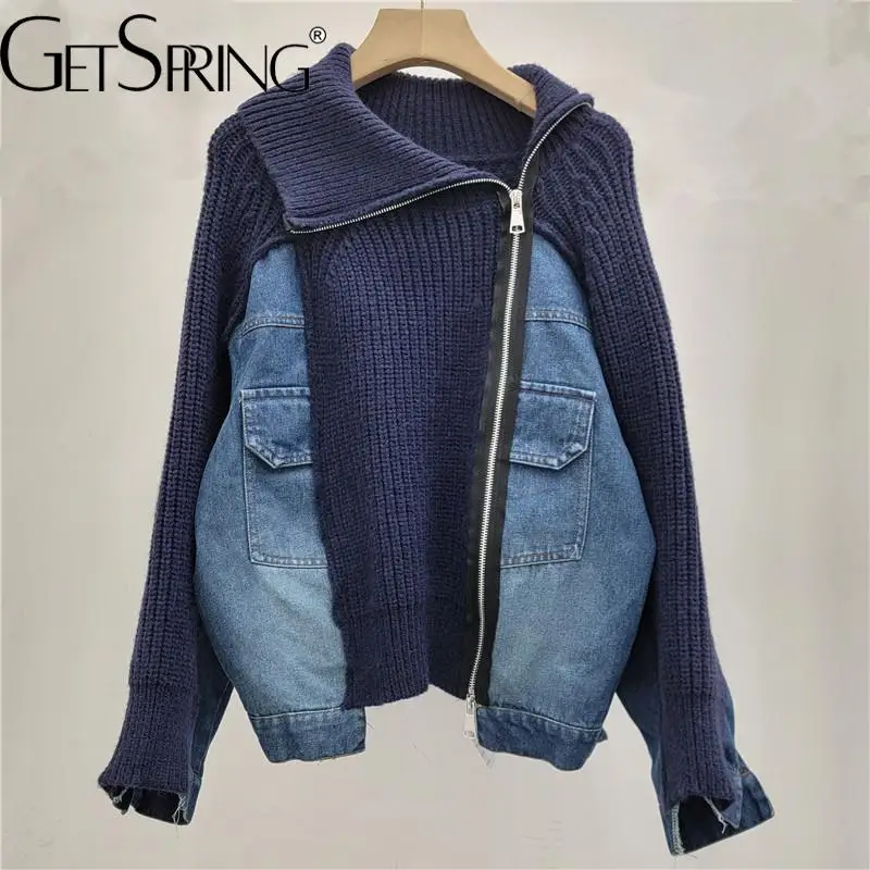 GetSpring Women Sweater Coat 2024 Autumn Winter Denim Stitched Stand Collar Irregular Knitted Jacket Fashion All Match Loose Top