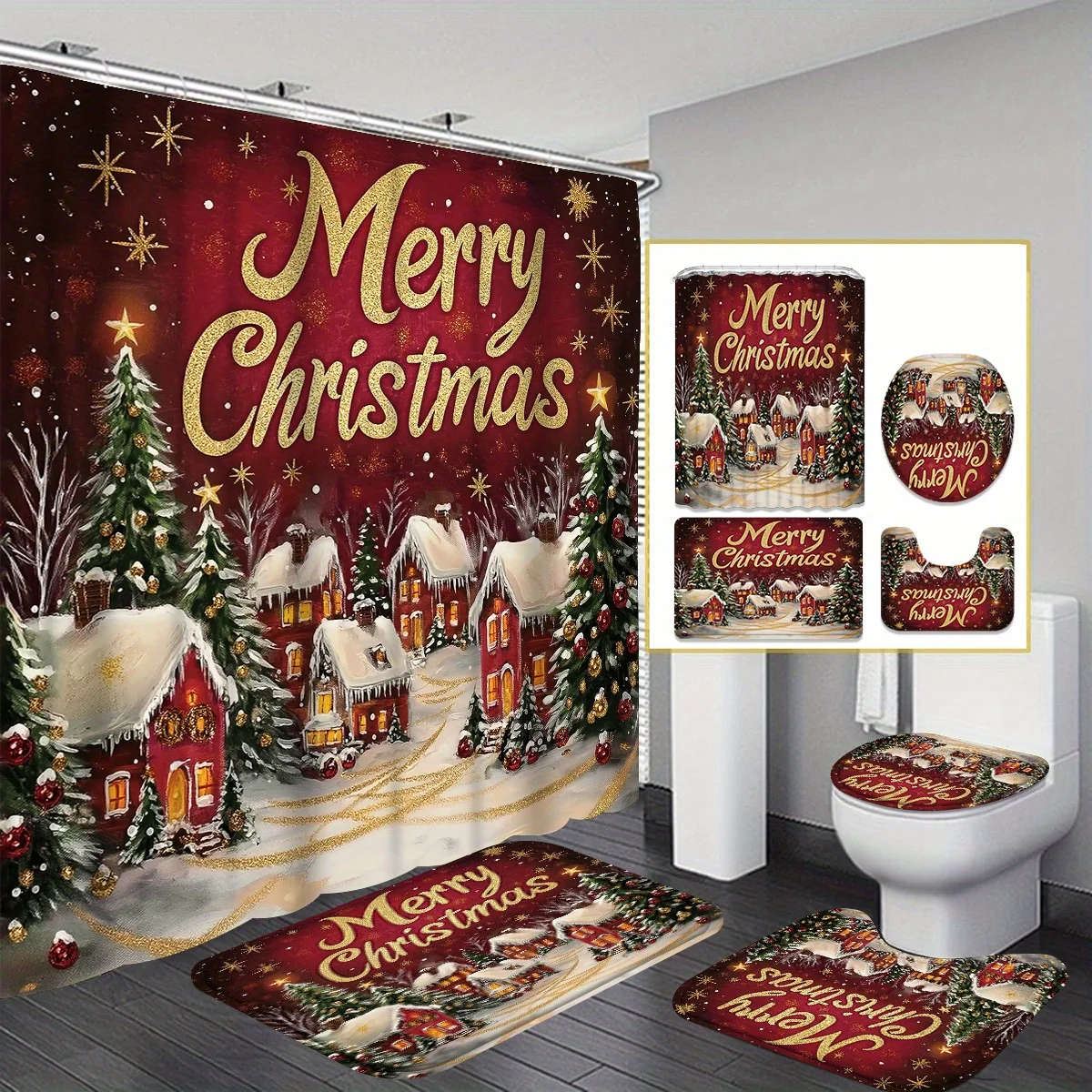 Renew Your Bathroom with Christmas Shower Curtain Set: 4-Piece with Snowflake Mat and Hooks, Festive Polyester Decor