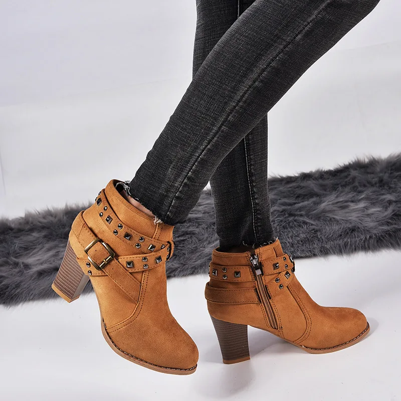 2024 Winter Ankle Boots Women High-heel Ladies Leopard Shoes Zipper Suede Office Buckle Rivets Metal Decoration Mature Party