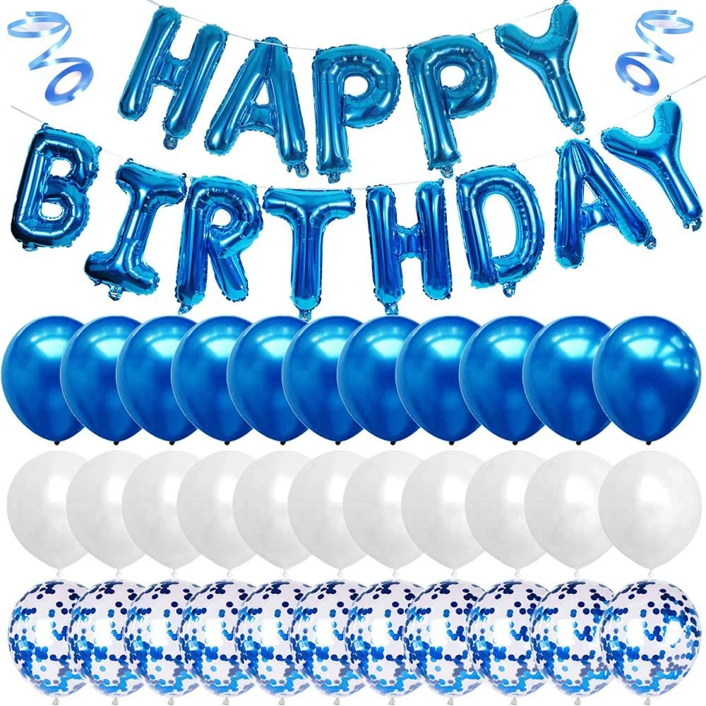 Blue Happy Birthday Balloon Banner White And Blue Confetti Balloons for Boy Birthday Party Decorations