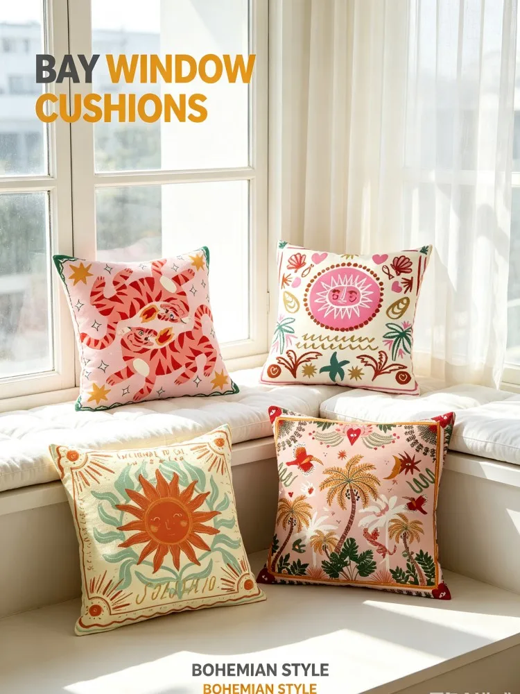 Boho Tropical Sun Tiger Throw Pillow Covers, Retro Bohemian Palm Leaf Floral Face Sun Decorative Square Cushion Cases, Vintage F