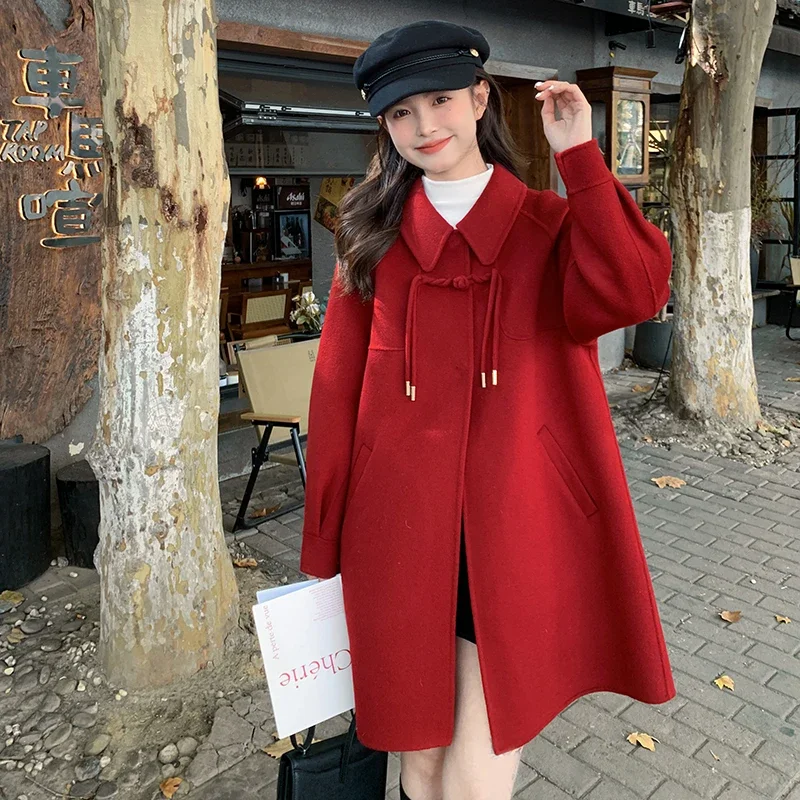 UNXX Red Coat for Women Female Office Lady 2023 Autumn/Winter New Arrival Woolen Chinese Style High-End Look Petite Coat Trendy