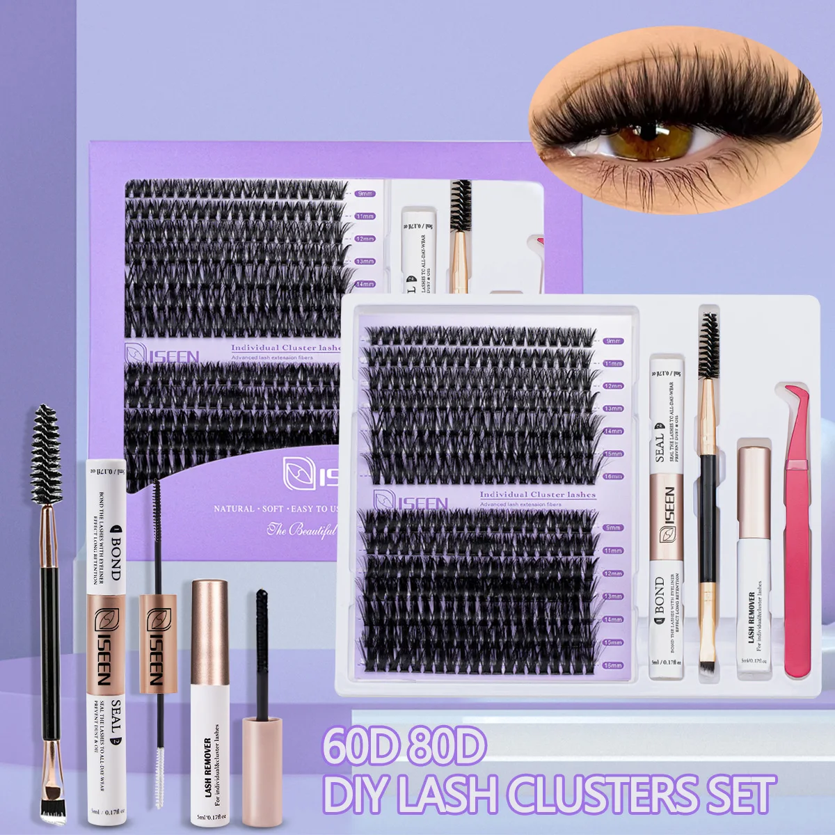 

Lash Clusters Kit DIY Lash Extension Kit Thick Lash with Lash Bond And Seal And Eyelash Tweezers Makeup