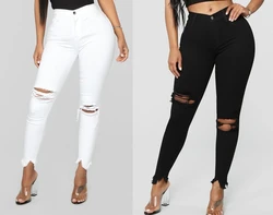 Calças jeans femininas de cor sólida rasgada, jeans feminino, roupa de mulher, estilo de rua, nova moda, verão