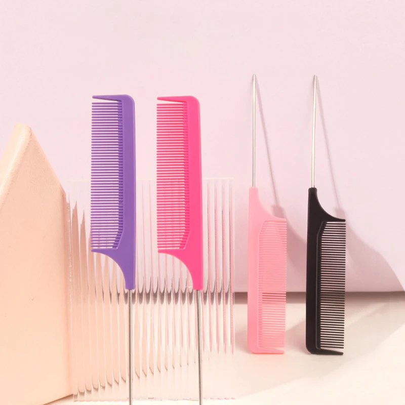 Steel Needle Pointed Tail Comb, Stainless Steel Handle Needle, Heat-Resistant, Anti-Static, Suitable for Various Hair Types