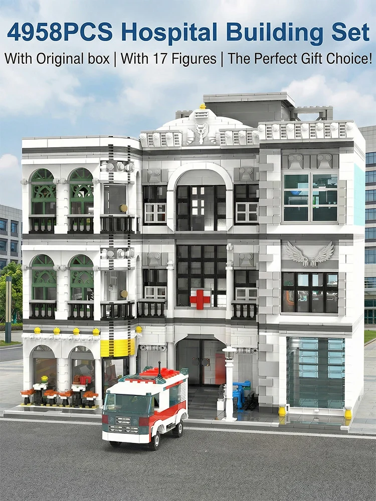 4958PCS Ziekenhuisgebouwen Sets met 17 Figuren Stad Architectuur Modulaire Bouwsteen Assemblagemodel Kit Speelgoed Volwassen Cadeau - afbeelding 2