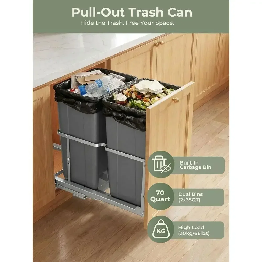 35-Quart Dual-Bin Under-Sink Trash Can with Full-Extension Slides - Heavy Duty Recycling Waste Container