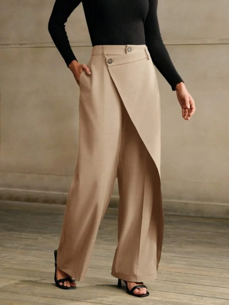 Missuoo Pantalones asimétricos de pierna ancha de cintura alta para mujer, pantalones holgados de Color sólido para ir al trabajo para oficina, pantalones casuales para mujer 2025