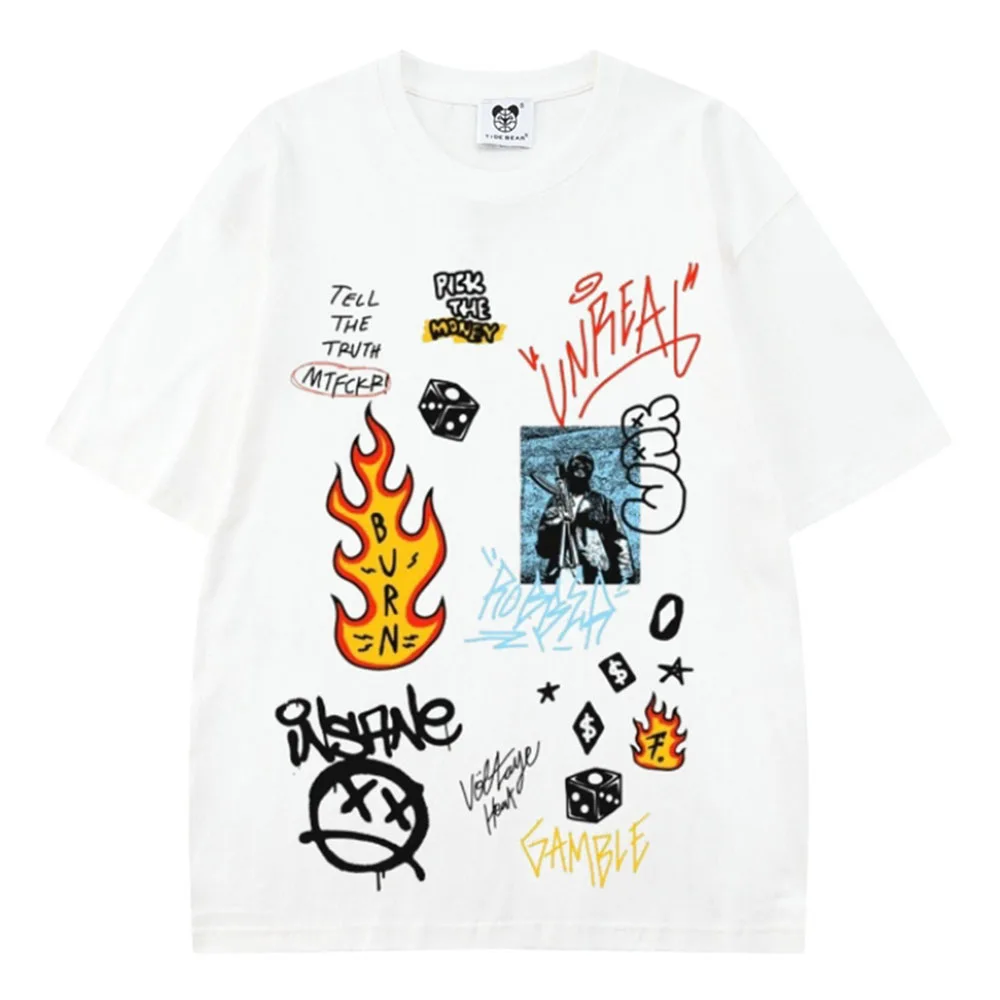 

Graffiti Printed Dorp Shoulder Men's T-shirt Short Sleeve Summer O-neck Cotton White Tee Shirts Streetwear Clothing