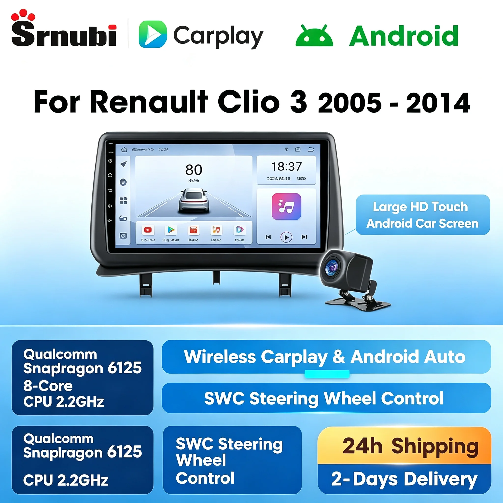 9-Zoll-Android-Autoradio für Renault Clio 3 2005-2014, GPS-Navigation Multimedia-Stereo, Kabelloses Carplay Android Auto, Eingebauter Kühlventilator EQ-Audio