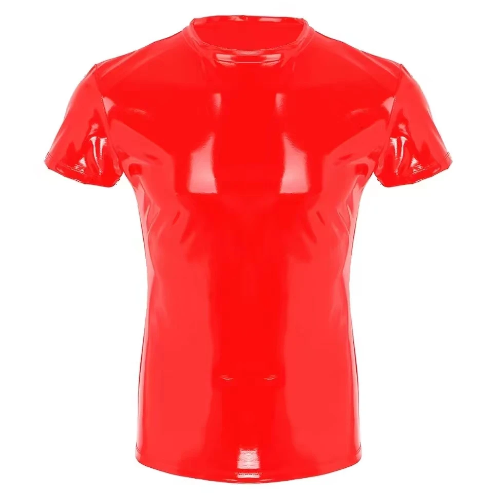 S-7XL Plus Size Mens Shiny PVC Leather Crewnecks T-Shirts Wetlook Latex Short Sleeve Shirt Male Glossy Leather Casual Vest Sexi