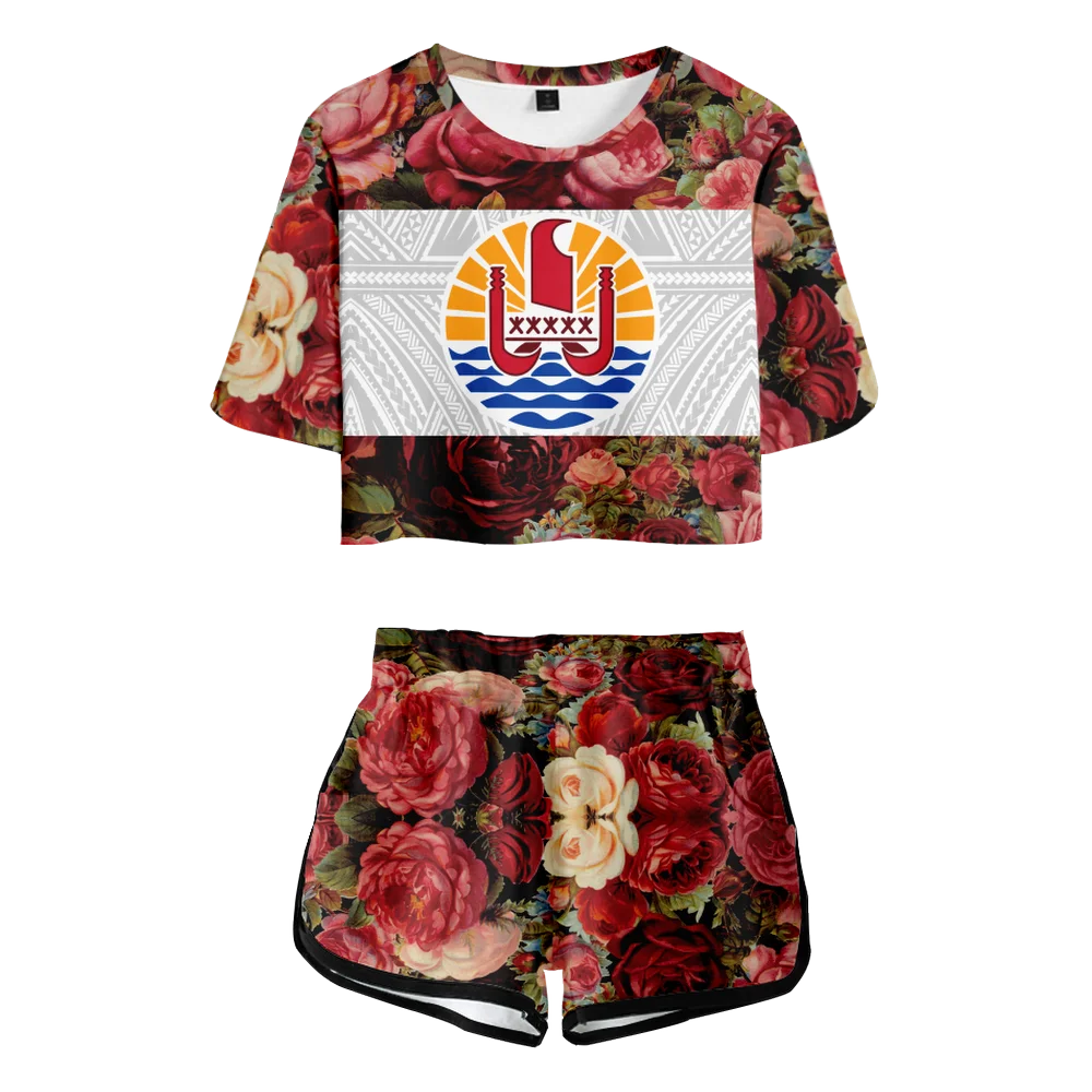 Polynesian Tahiti Traditional Tribal Rose Women Short Sleeve T Shirt Top Shorts 2 Piece Set Summer Fashion Sports Outfits Woman