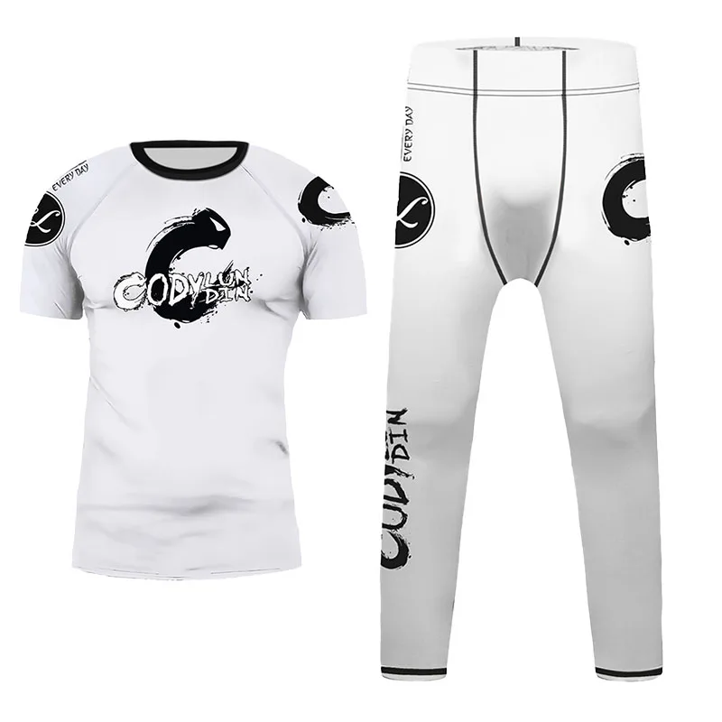 Kids White Jiu-Jitsu Rash Guard Set 4-12Y, Wrestling Grappling Training Uniform Long/Short Sleeve Compression Suit for MMA Sport