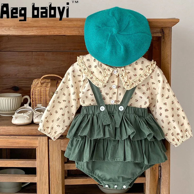 

Newborn Baby Girls Clothes Sets Spring Autumn Long Sleeve Floral Shirt Tops + Suspenders Skirt Infant Kids Clothing Set 2pcs