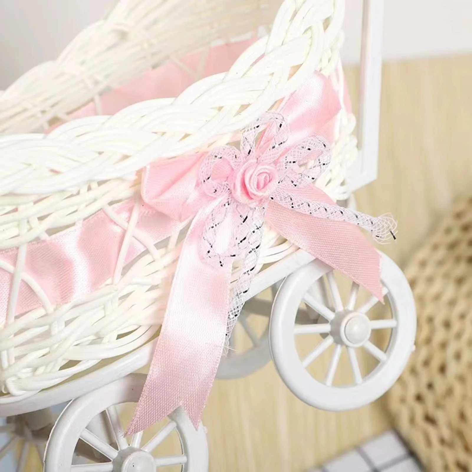 Hand-Woven Creative Small Cart Stroller Imitation Rattan Woven Storage Wedding Basket Props Small Flower Basket Holder Trolley