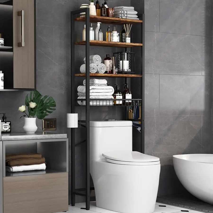 

Storage Rack, 4Tier Bathroom Organizer Shelf Over Toilet with Adjustable Shelf and Basket, Freestanding Space Saver Bathroom Sh