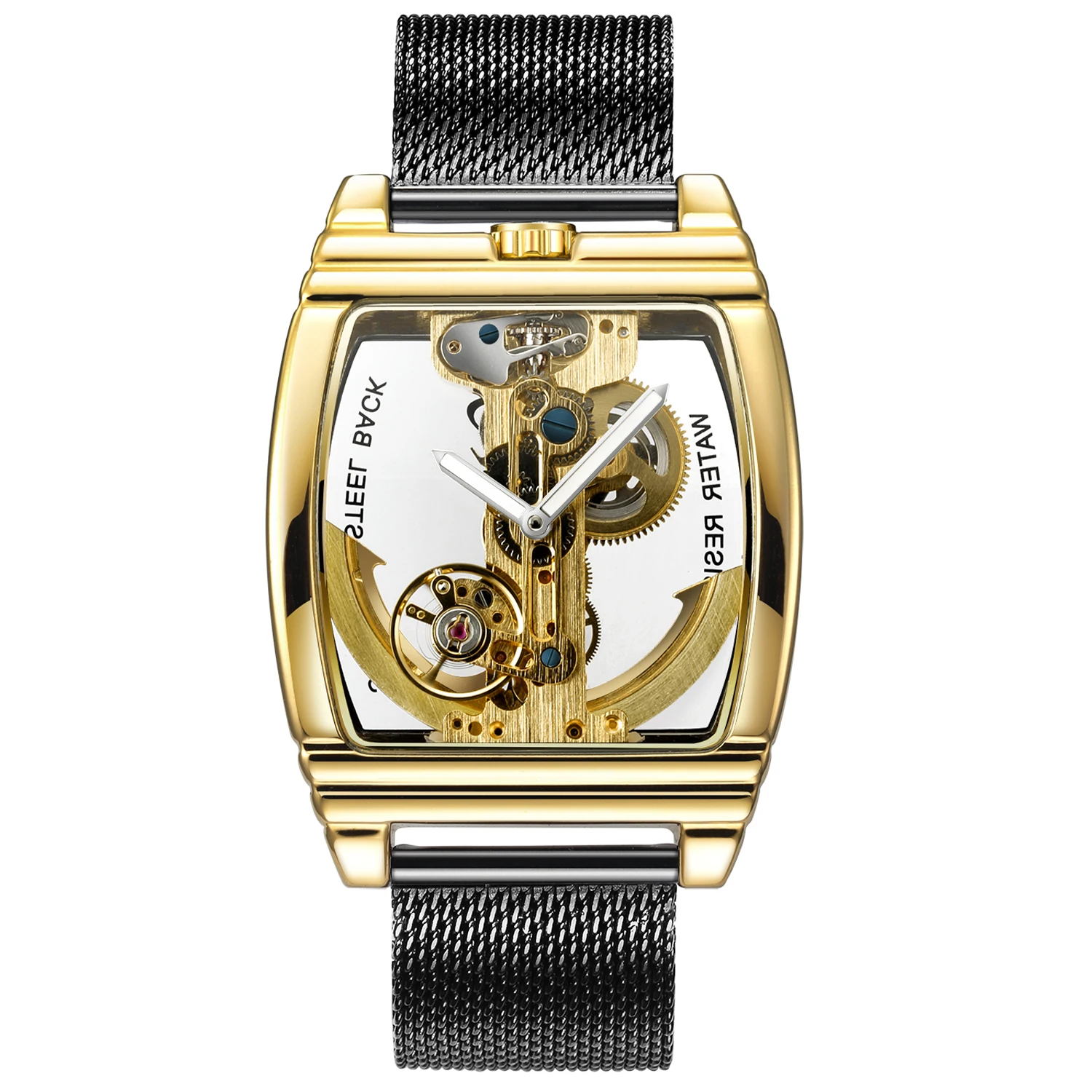 Tourbillon Automatic Mechanical Watch for Men Gold Case Luxury Tonneau Shaped Transparent Dial Luminous Male Winding Wristwatch