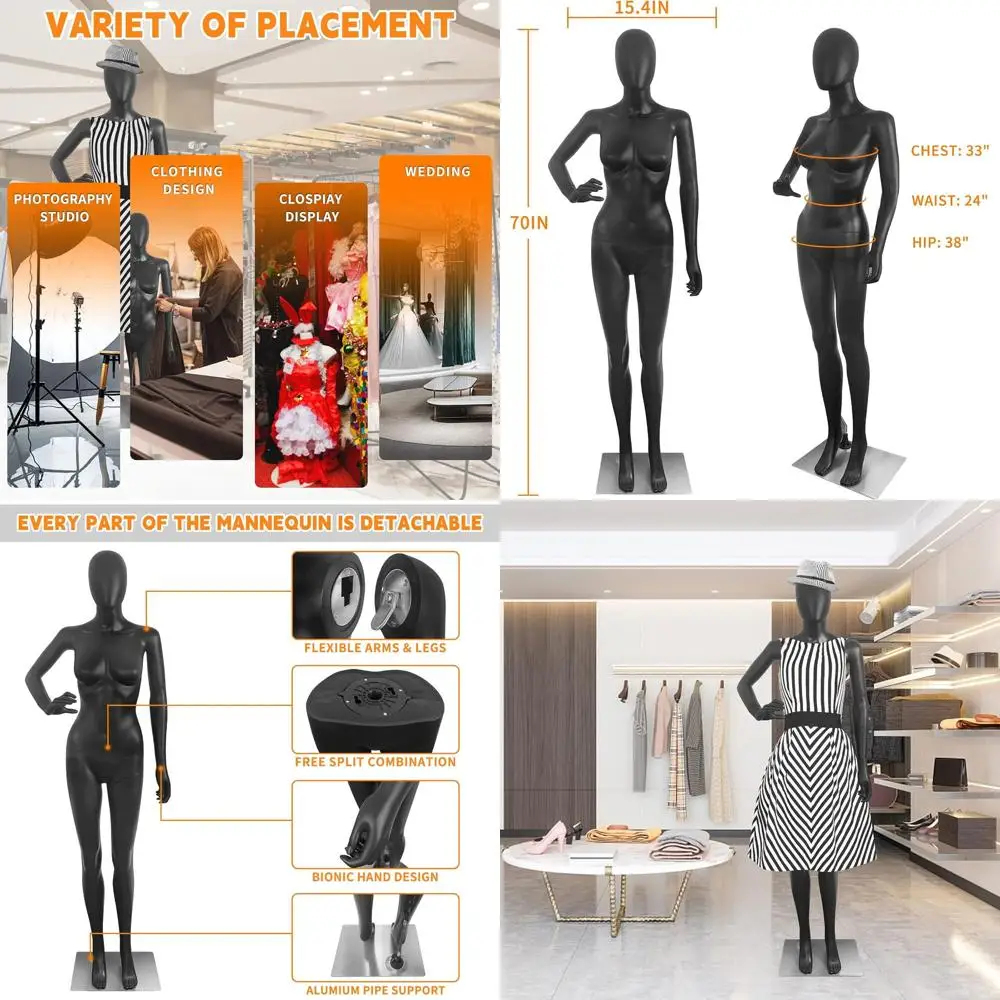 

70 Adjustable Female Mannequin with Detachable Head, Plastic Body, Metal Stand, Black