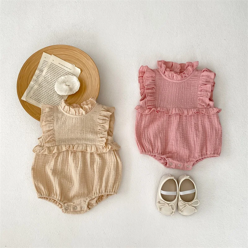 0-24 Months Newborn Romper Baby Girl Plain Soft Bodysuit Ruffles Sleeveless Summer Breathable Romper Toddler Baby Girl Clothing