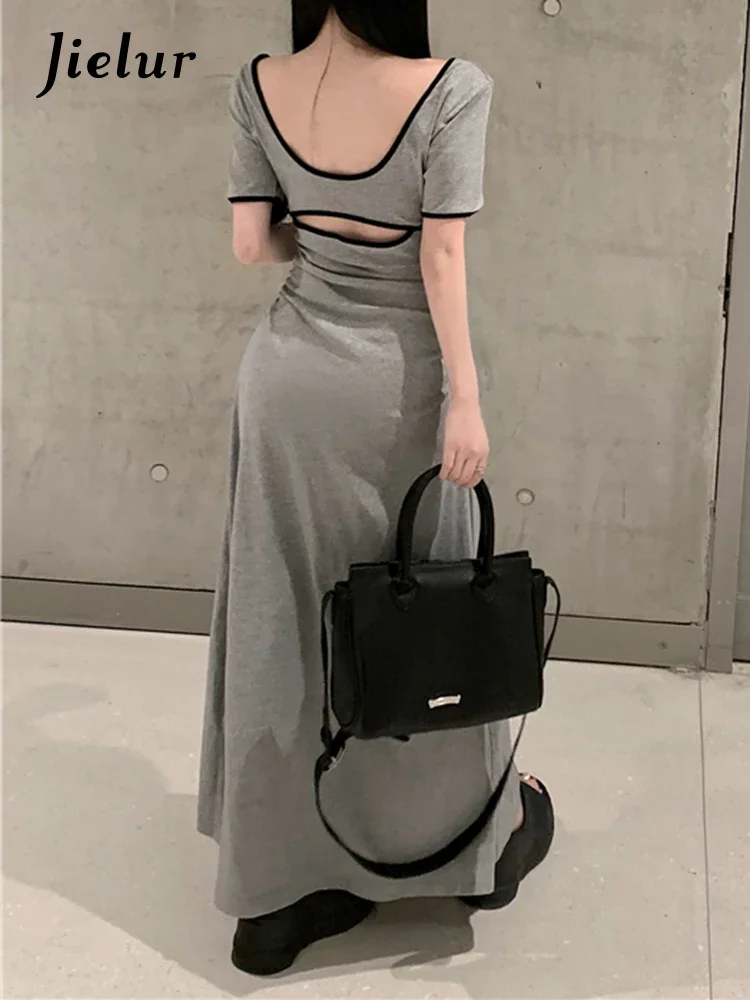 Jielur New Summer Contrast Color Slim Women's Dress Sweet Ladies Hollow Out Dress Woman Black Grey Korean Tight Hip Dress Female